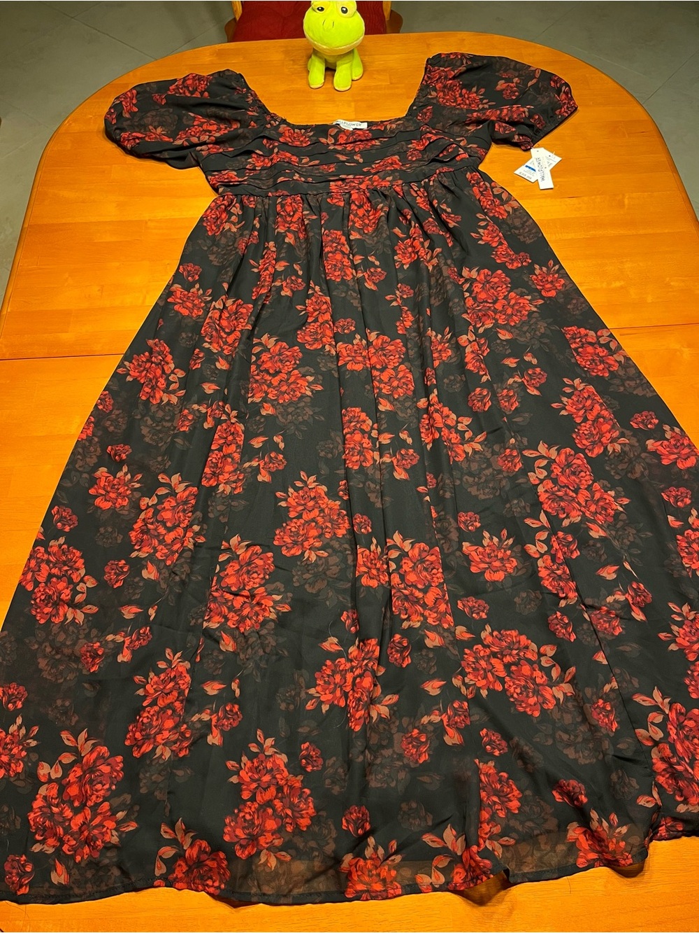 Wallflower Black Dress with Red Floral Print and Puff Sleeves